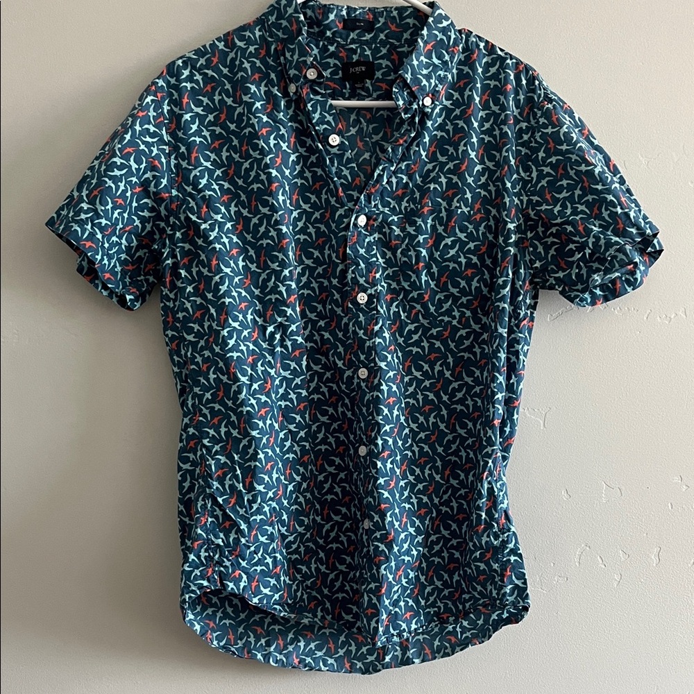 J.Crew Teal and Red Bird Pattern Shirt size Large Slim
